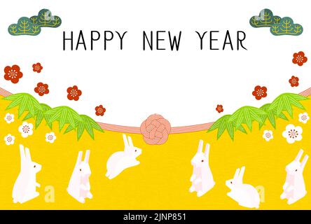 New Year's card for the year of the rabbit 2023, rabbit family, pine, bamboo, plum and mizuhiki, Japanese isometric Stock Vector