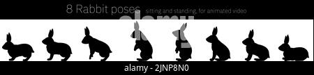 Rabbit movements for animation, standing up Silhouette Stock Vector