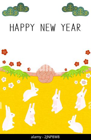 New Year's card for the year of the rabbit 2023, rabbit family, pine, bamboo, plum and mizuhiki, Japanese isometric Stock Vector