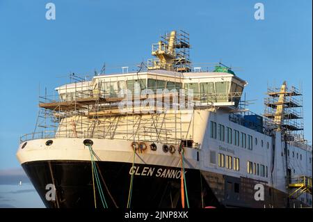 Port Glasgow, Scotland, UK, April 9th 2022, Ferguson Marine shipyard new Calmac ferry under construction Stock Photo