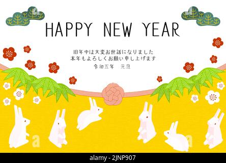 New Year's card for the year of the rabbit 2023, rabbit family, pine, bamboo, plum and mizuhiki, Japanese isometric - Translation: Thank you again thi Stock Vector