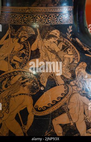 Ancient decorated ceramic pots at the National Archaeological Museum in Athens Stock Photo