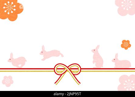 Japanese New Year's card for the Year of the Rabbit 2023: Rabbit, Mizuhiki and Plum Stock Vector