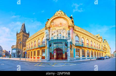 Republic Square panorama with historic buildings of Powder Tower and Municipal House with picturesque Baroque facade, Prague, Czech Republic Stock Photo