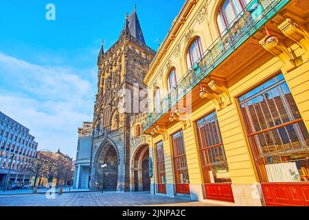 The sculptured stone Gothic Powder Tower, located on Republic Square of Stare Mesto (Old Town), Prague, Czech Republic Stock Photo