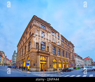 PRAGUE, CZECH REPUBLIC - MARCH 6, 2022: The corner of former Provincial Bank building, located on Na Prikope (On the Moat) Street, on March 6 in Pragu Stock Photo