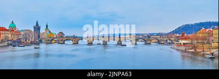 Panorama of the Charles Bridge, the visit card of Prague, located between the Old Town (Stare Mesto) and Lesser Quarter (Mala Strana), Czech Republic Stock Photo