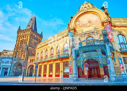 Historic landmarks of Republic Square - Gothic Powder Tower and Smetana Hall, decorated with sculptures, columns and mosaics, Prague, Czech Republic Stock Photo