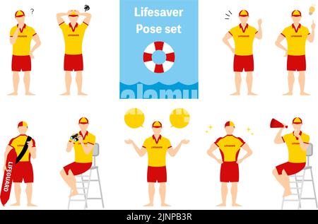 Premium Vector  A man in a yellow shirt and shorts is doing a yoga pose  with a lifesaver and a lifesaver.