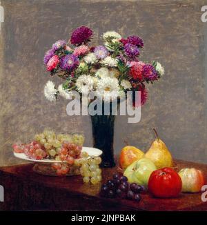Henri Fantin Latour still life painting, Asters and Fruit on a Table, oil on canvas, 1868 Stock Photo