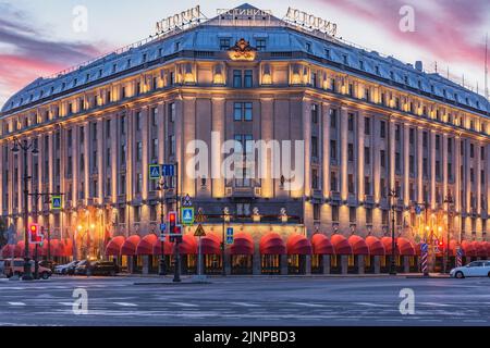 Saint Petersburg, Russia - August 08, 2022: Exterior of Astoria hotel at sunrise time. Stock Photo