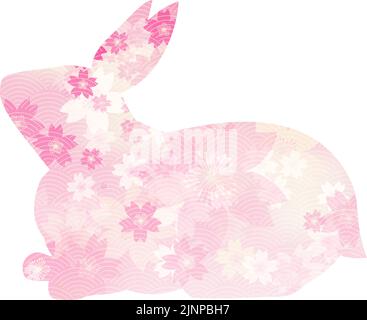 Rabbit (seated) looking up, cherry blossom and Japanese pattern silhouette. Stock Vector