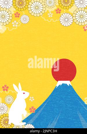 Japanese New Year card for the Year of the Rabbit 2023, Rabbit looking at Mount Fuji and the first sunrise of the year, flower pattern background Stock Vector