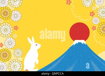 Japanese New Year card for the Year of the Rabbit 2023, Rabbit looking at Mount Fuji and the first sunrise of the year, flower pattern background Stock Vector