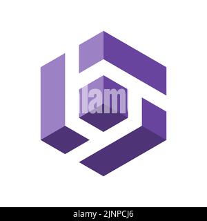 Letter B 3D logo. Letters B, T in a 3D cube. Numbers 6 and 9 in isometric box. Lavender colors. Hexagon shape. Stylized stripes make modern monogram. Stock Vector
