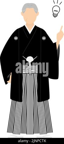 A senior man in kimono, wearing a crested hakama, Pointing and advising Stock Vector