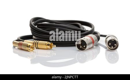 Professional Audio cable with RCA and XLR3 connectors isolated on white background Stock Photo