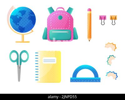 Back to school set of illustrations. School bag, globe, scissors, pencil, ruler, notebook, paper clips. Isolated on white background. Stock Vector