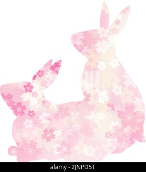 Two rabbits looking up, cherry blossoms and Japanese silhouettes. Stock Vector