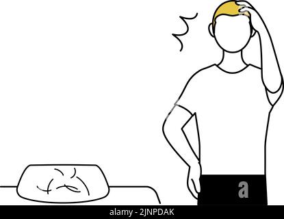 AGA Male pattern baldness man surprised by hair loss on his pillow after waking up. Stock Vector