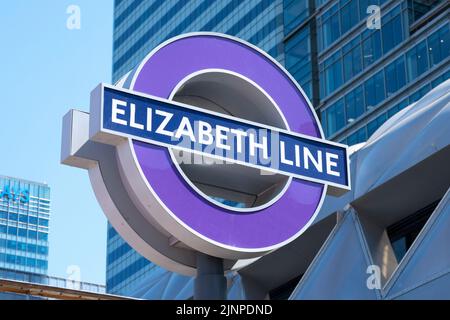 London Underground tube station sign for the Elizabeth Line at Canary Wharf, which opened as Queen Elizabeth II celebrated her Platinum Jubilee. Stock Photo