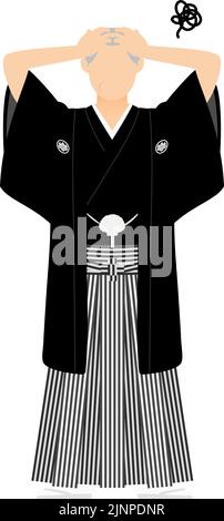 A senior man in kimono, wearing a crested hakama, Worry with your head Stock Vector