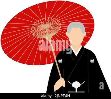 A senior man in kimono, wearing a crested hakama, Posing with an umbrella Stock Vector