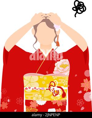 A woman in kimono, wearing a furisode (long-sleeved kimono)Worry with your head Stock Vector