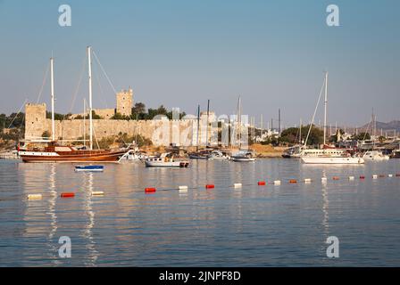 View of Saint Peter Castle (Bodrum castle) and marina in the morning - Bodrum, Turkey Stock Photo