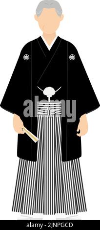 A senior man in kimono, wearing a crested hakama, Pose with a fan Stock Vector