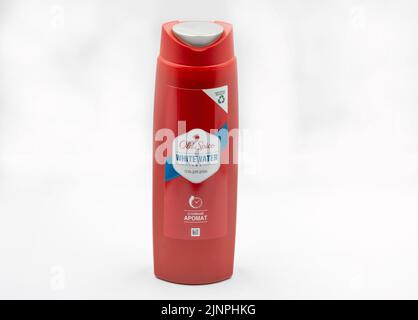 Kyiv, Ukraine - October 31, 2021: Old Spice Whitewater shower gel closeup against white. It is an American brand of male grooming products manufacture Stock Photo