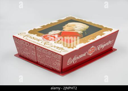 Kyiv, Ukrasine - December 26, 2021: Mozart Kugeln traditional sweets box closeup on white. Largest producer of Mozartkugeln is the German company Rebe Stock Photo