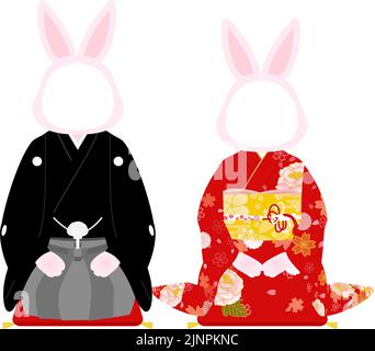 Framed pictures of a man and a woman greeting each other in the New Year, year of the Rabbit (2023), wearing kimono (crested hakama and furisode) Stock Vector