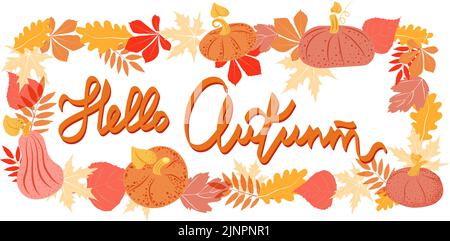 Template, frame of bright pumpkins and autumn leaves for card decoration. Leaves. Autumn. Halloween. Thanksgiving. Pumpkins. Autumn Gifts. Handwritten Stock Vector