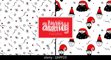 Merry Christmas set of seamless pattern with head elf and Santa Claus. The xmas black and red vector illustration in doodle art style. Trendy hand Stock Vector