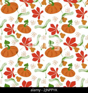 Seamless pattern of stylized orange pumpkins, maple seeds and autumn leaves on a light background. Flat vector style. Halloween. Autumn. Bright pumpki Stock Vector