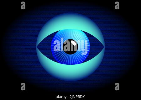Surveillance eye and Big Data symbol. Blue eyeball between wide open spread turquoise eyelids, in front of a dark blue background. Stock Photo
