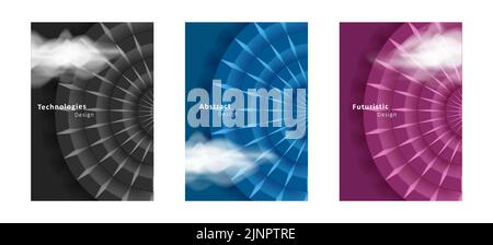 Set of posters with wheel decorative illustration and clouds Stock Vector