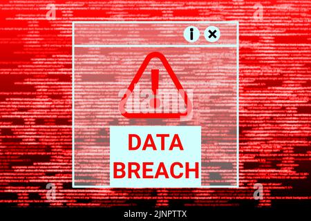 data breach, cyber crime, online hacking, warning and fraud background with blur digital code and cyber crime word. Stock Photo