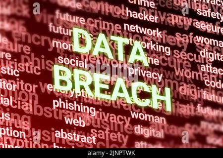 3D data breach word on technology related words. online, digital, technology and awareness illustration. Stock Photo