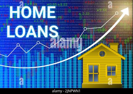 bright home loans word isolated on graph and arrow background. concept for home loans, intrest, demand, market price and housing inflation. Stock Photo