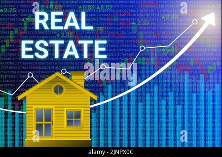 bright real estate word isolated on graph and arrow background. concept for home loans, intrest, demand, market price and housing inflation. Stock Photo
