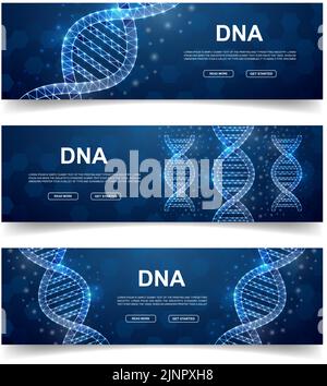Set of three DNA spiral horizontal banners. Horizontal illustration for homepage design. Genetic helix low poly symbols with connected dots Stock Vector