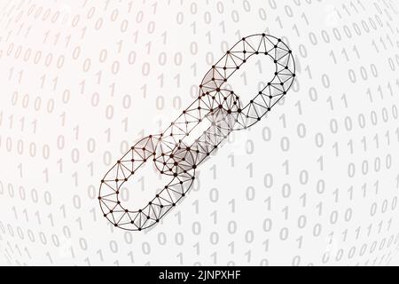 Chain 3d low poly symbol with binary code background. Chainlink design vector illustration. Blockchain polygonal symbol with connected dots Stock Vector
