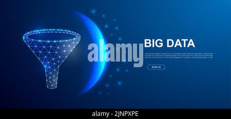 Funnel 3d polygonal symbol for landing page template. Low poly Big data illustration for promo banner design. Data filter design illustration concept. Stock Vector