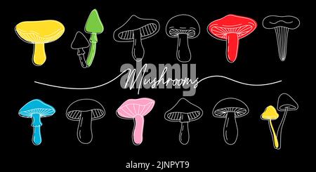 Set of mushroom icons. Black mushrooms outline banner. Different mushrooms line symbols. Chanterelle, amanita muscaria, truffle, porcini, morels. Stock Vector