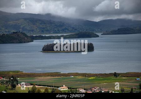 Panoramic view of an island in the middle of a lake Stock Photo