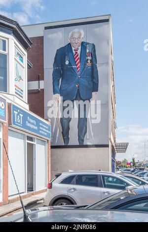 Mural of  'Covid lockdown fundraising' Captain Sir Tom Moore in Hoghton St Southport, painted by artist Robert Newbiggin. Stock Photo