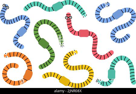 Colored worms character set. Earthworm mascot with eyes and cute faces. Terrestrial worms for kids illustration. Fishing bait with various emotions. Stock Vector