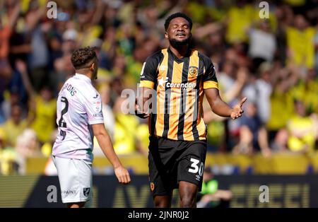 Hull City's Benjamin Tetteh reacts to a missed chance during the Sky Bet Championship match at the MKM Stadium, Hull. Picture date: Saturday August 13, 2022. Stock Photo